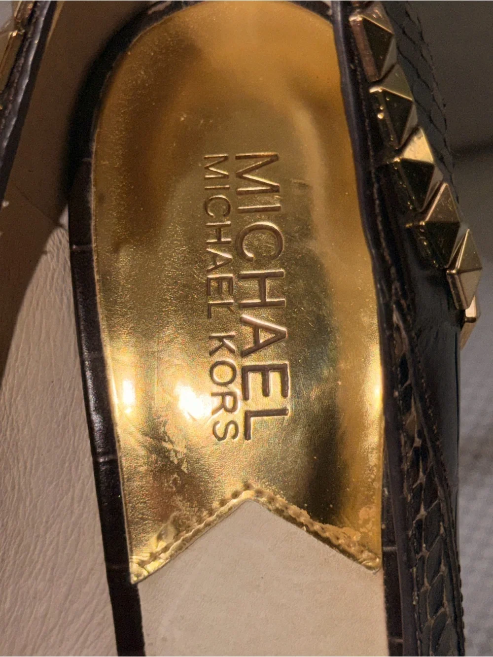 Michael Kors Brown Snake-Print Studded Peep Toe Heel